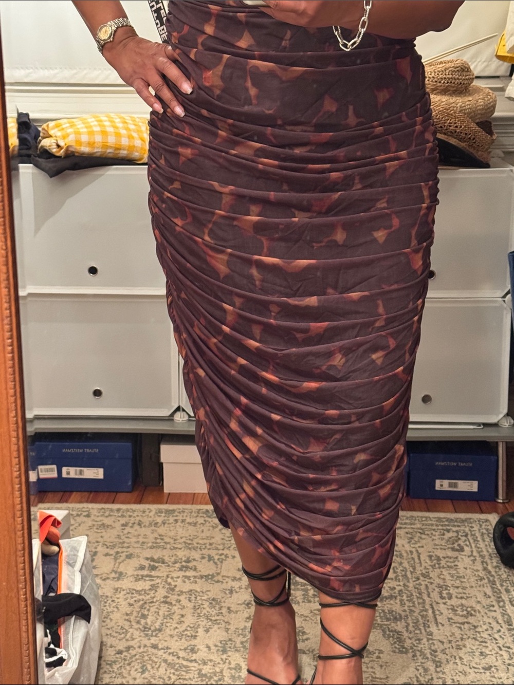 Ruched Midi Slip Dress in Black and Brown Print - Picture 5 of 5